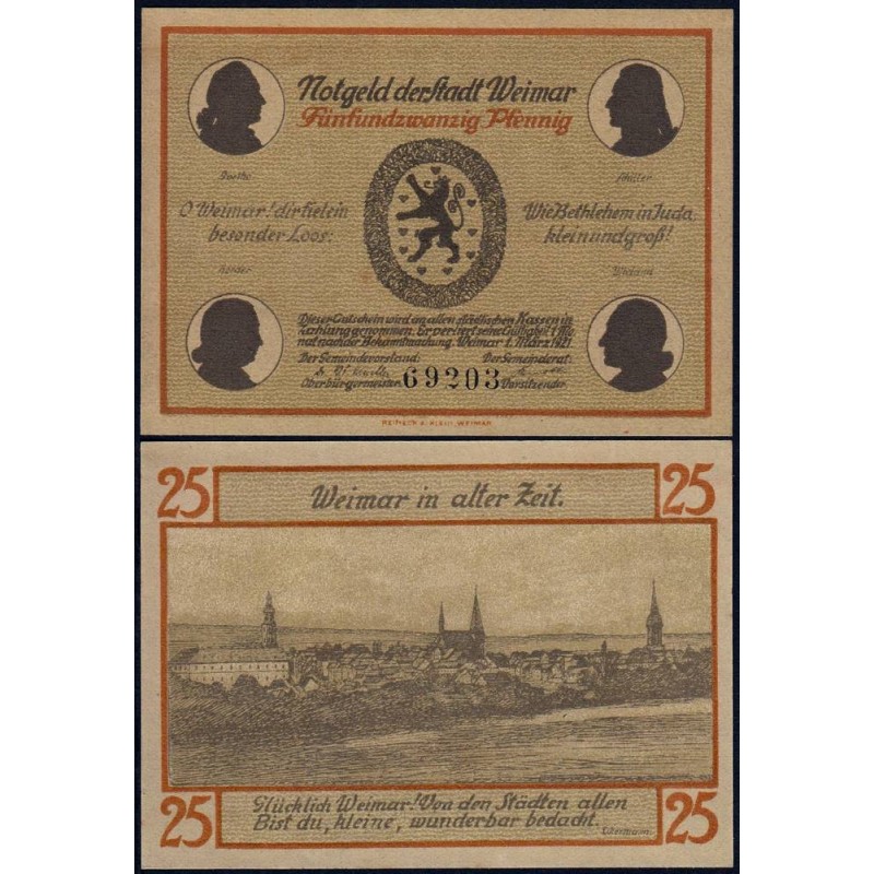 Allemagne - Notgeld - Weimar - 25 pfennig - Type a - 01/03/1921 - Etat : SPL