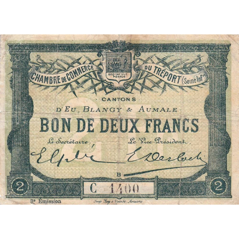 Le Tréport - Pirot 71-11 variété - 2 francs - Lettre B - Série C - 3e émission - 1915 - Etat : TB-