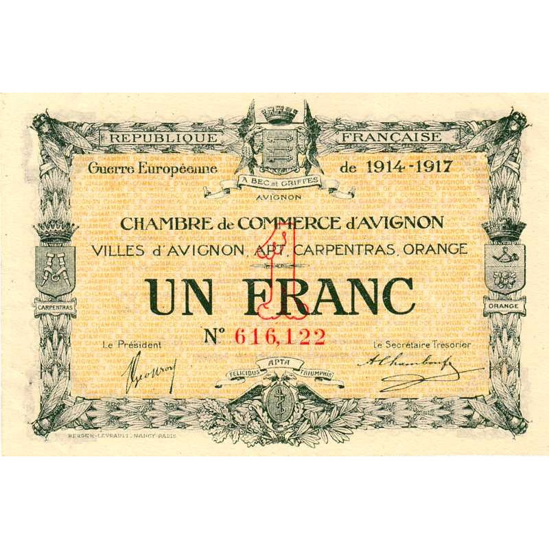 Billet des chambres de commerce Avignon 1 franc