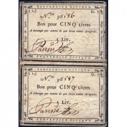 Siège de Lyon - Laf 253 - Paire de 5 livre - Série de milliers 96 - Août 1793 - Etat : TTB+