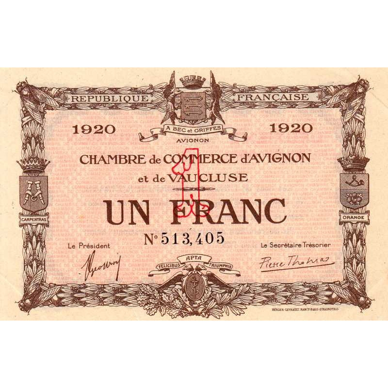 Avignon - Pirot 18-24 - 1 franc - 1920 - Etat : SUP