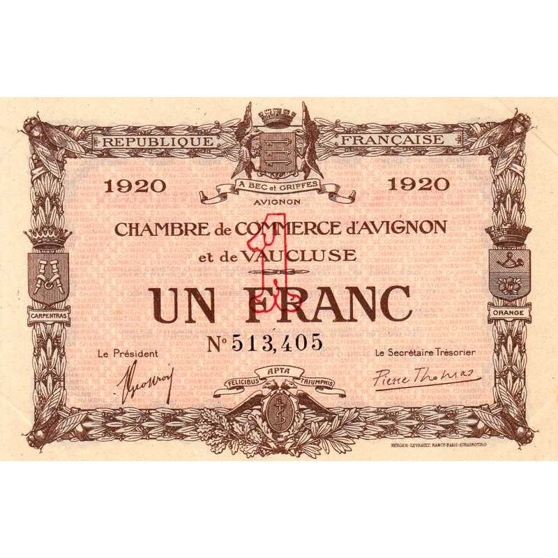 Billet des chambres de commerce Avignon 1 franc