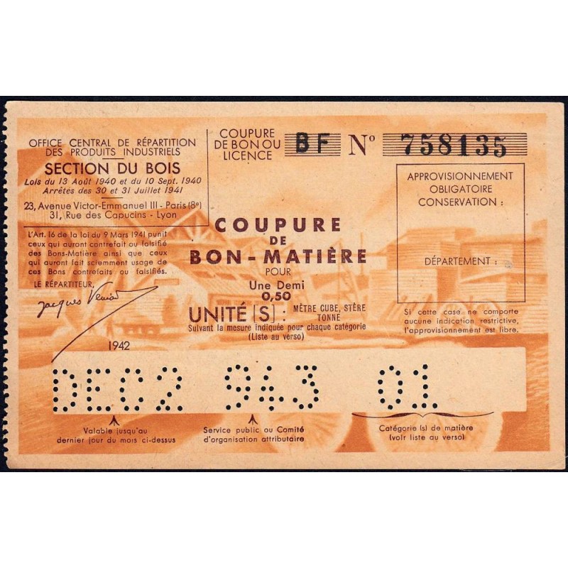Section du Bois - 0,50 unité - 31/12/1942 - Code 01 - Série BF - Etat : SUP+