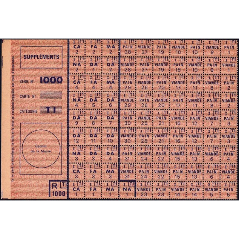 Feuille supplémentaire de tickets - Série 1000 - Catégorie T1 - Sans date (1963) - Etat : NEUF