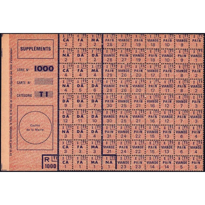 1963 - Feuille supplémentaire de tickets - Série 1000 - Catégorie T1 - Etat : NEUF
