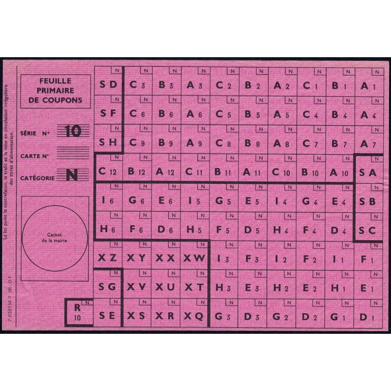Feuille primaire de coupons - Série 10 - Catégorie N - Sans date (1963) - Etat : SUP