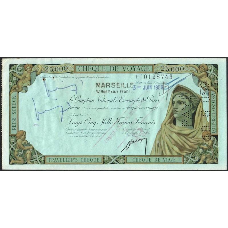 Sté Nlle de la Compagnie Algérienne - Chèque de voyage - 25'000 francs - 1959 - Etat : SUP