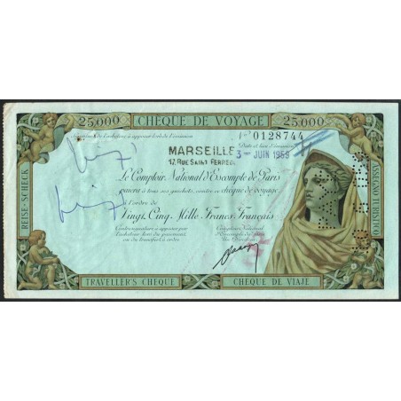 Sté Nlle de la Compagnie Algérienne - Chèque de voyage - 25'000 francs - 1959 - Etat : TTB+