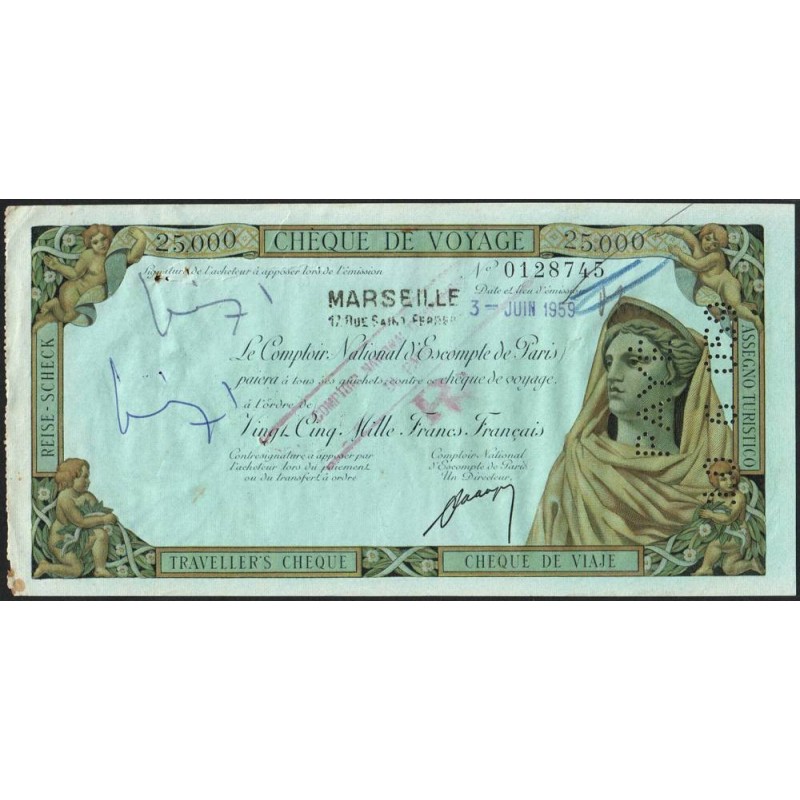 Sté Nlle de la Compagnie Algérienne - Chèque de voyage - 25'000 francs - 1959 - Etat : TB+