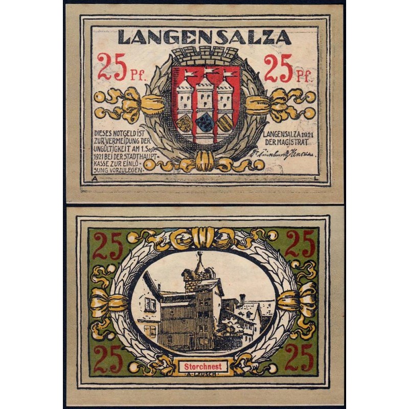 Allemagne - Notgeld - Langensalza - 25 pfennig - 1921 - Etat : SPL