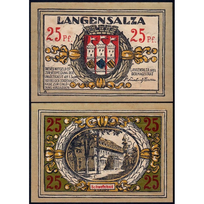 Allemagne - Notgeld - Langensalza - 25 pfennig - Réf. b - 1921 - Etat : SPL