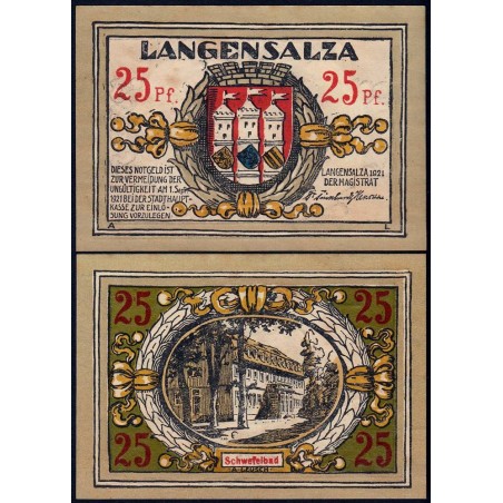 Allemagne - Notgeld - Langensalza - 25 pfennig - 1921 - Etat : SPL