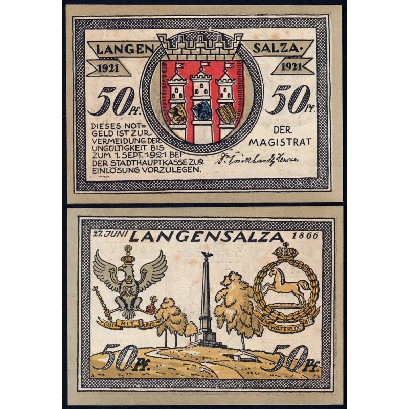 Allemagne - Notgeld - Langensalza - 50 pfennig - Type 3 - 1921 - Etat : SPL