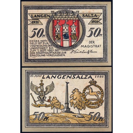 Allemagne - Notgeld - Langensalza - 50 pfennig - Type 3 - 1921 - Etat : SPL