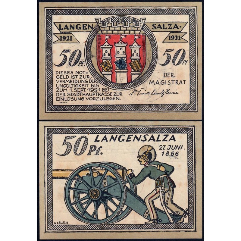 Allemagne - Notgeld - Langensalza - 50 pfennig - Type 5 - 1921 - Etat : SPL