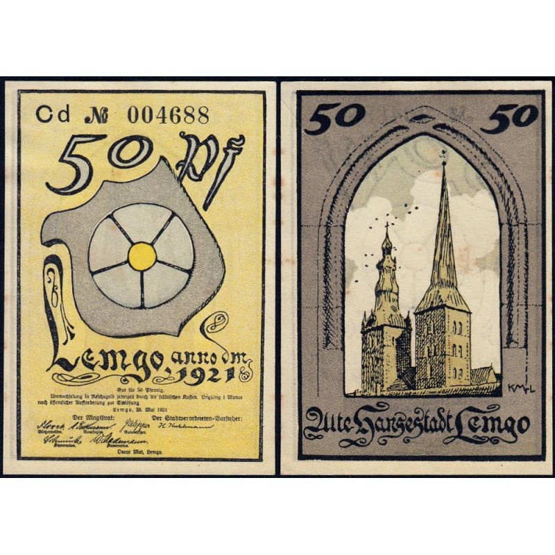 Allemagne - Notgeld - Lemgo - 50 pfennig - Réf. 1 - Série Cd - 25/05/1921 - Etat : SUP+