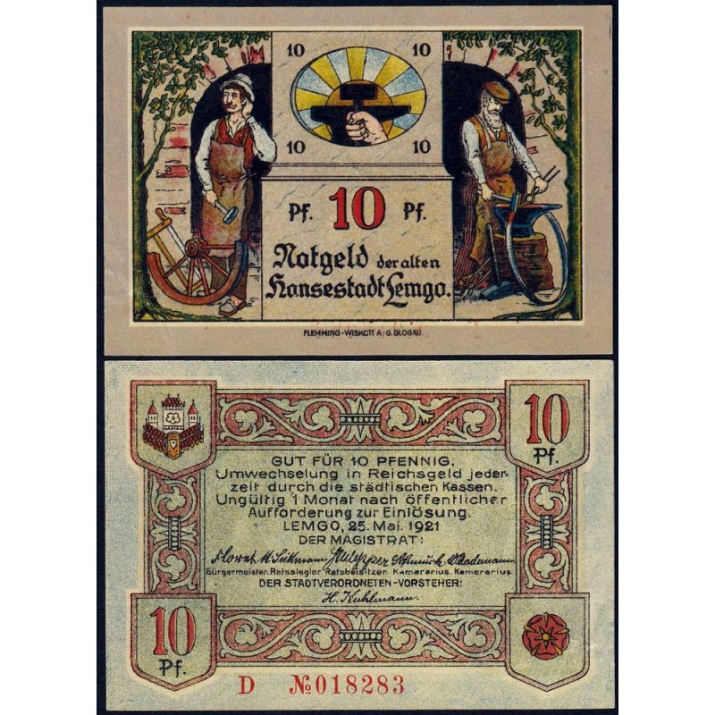 Allemagne - Notgeld - Lemgo - 10 pfennig - Réf. 3 - Série D - 25/05/1921 - Etat : SUP