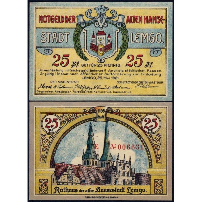 Allemagne - Notgeld - Lemgo - 25 pfennig - Réf. 3 - Série E - 25/05/1921 - Etat : SUP