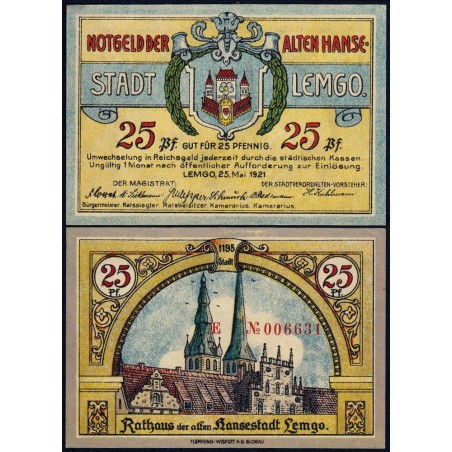 Allemagne - Notgeld - Lemgo - 25 pfennig - Réf. 3 - Série E - 25/05/1921 - Etat : SUP