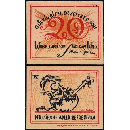 Allemagne - Notgeld - Lübeck - 20 pfennig - Type 4 - Série IV - 01/04/1921 - Etat : NEUF