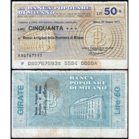 Italie - Miniassegni - La Banca Popolare di Milano - 50 lire - 30/06/1977 - Etat : TB