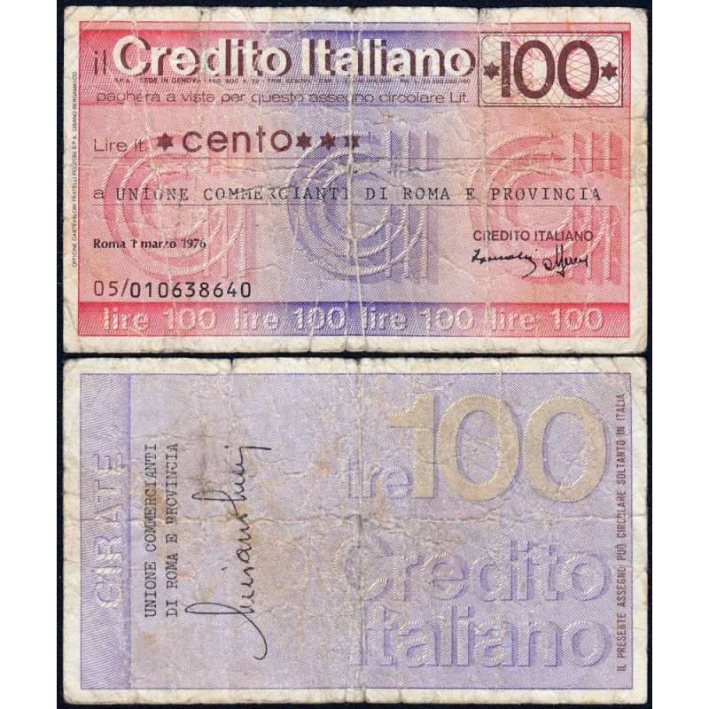 Italie - Miniassegni - Il Credito Italiano - 100 lire - 01/03/1976 - Etat : TB-