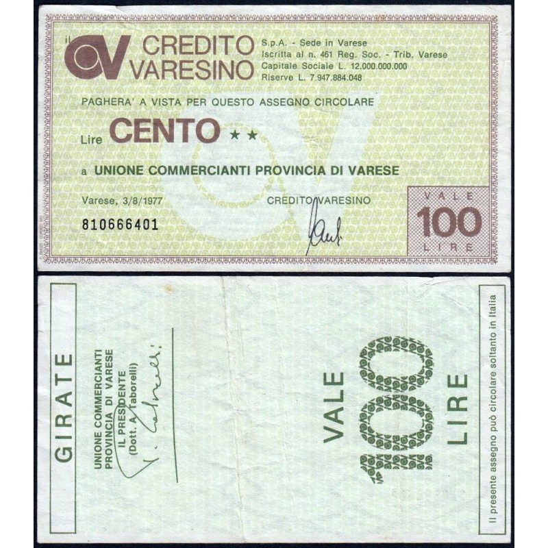 Italie - Miniassegni - Il Credito Varesino - 100 lire - 03/08/1977 - Etat : TTB