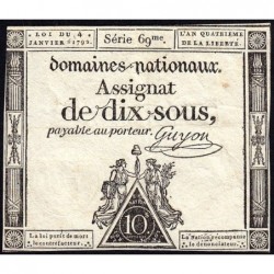 Assignat 23a - 10 sous - 4 janvier 1792 - Série 69 - Etat : TTB