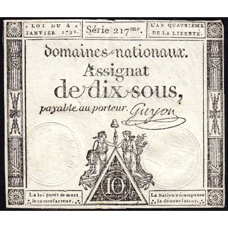 Assignat 23a - 10 sous - 4 janvier 1792 - Série 217 - Etat : TTB