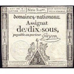 Assignat 23a - 10 sous - 4 janvier 1792 - Série 310 - Etat : TTB+