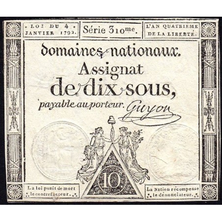 Assignat 23a - 10 sous - 4 janvier 1792 - Série 310 - Etat : TTB+