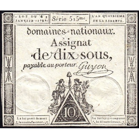 Assignat 23a - 10 sous - 4 janvier 1792 - Série 515 - Etat : SUP