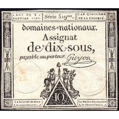 Assignat 23a - 10 sous - 4 janvier 1792 - Série 519 - Etat : TTB+