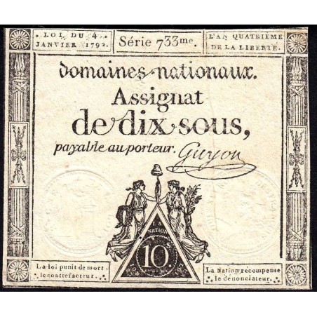 Assignat 23a - 10 sous - 4 janvier 1792 - Série 733 - Etat : TTB+