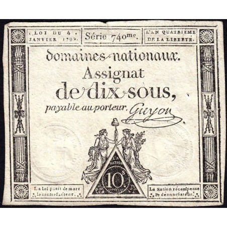 Assignat 23a - 10 sous - 4 janvier 1792 - Série 740 - Etat : TTB