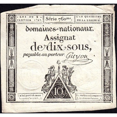 Assignat 23a - 10 sous - 4 janvier 1792 - Série 760 - Etat : TTB+