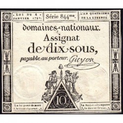 Assignat 23a - 10 sous - 4 janvier 1792 - Série 844 - Etat : SUP+