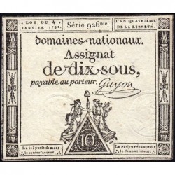 Assignat 23a - 10 sous - 4 janvier 1792 - Série 926 - Etat : SUP+