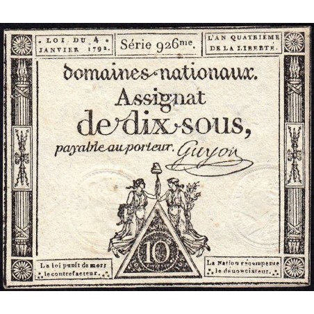 Assignat 23a - 10 sous - 4 janvier 1792 - Série 926 - Etat : SUP+