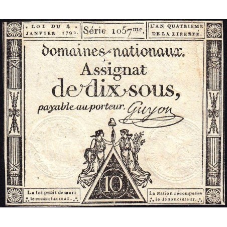 Assignat 23a - 10 sous - 4 janvier 1792 - Série 1057 - Etat : TTB