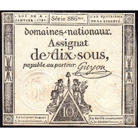 Assignat 23a - 10 sous - 4 janvier 1792 - Série 886 - Etat : TTB+