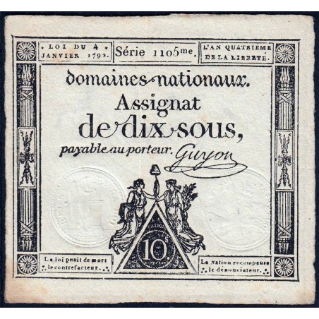 Assignat 23a - 10 sous - 4 janvier 1792 - Série 1105 - Etat : SUP