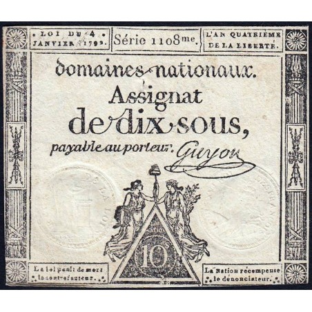 Assignat 23a - 10 sous - 4 janvier 1792 - Série 108 - Etat : TTB+