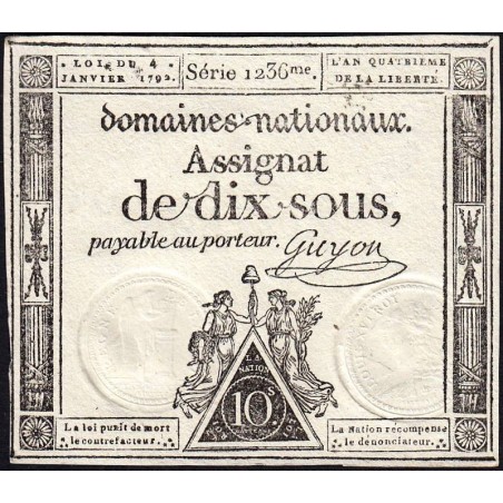 Assignat 23a - 10 sous - 4 janvier 1792 - Série 1236 - Etat : SUP+