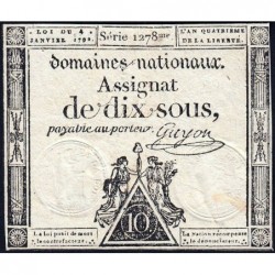 Assignat 23a - 10 sous - 4 janvier 1792 - Série 1278 - Etat : TTB+