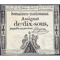 Assignat 23a - 10 sous - 4 janvier 1792 - Série 1307 - Etat : TTB+