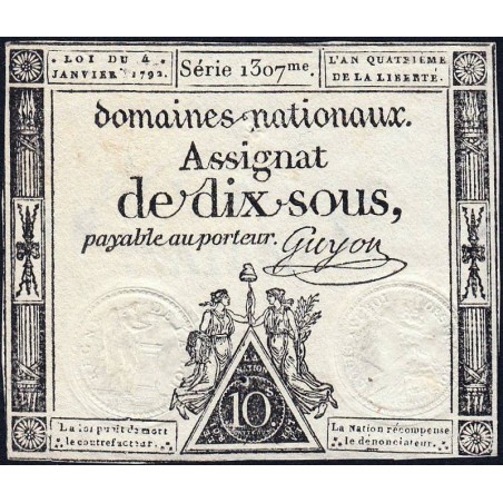 Assignat 23a - 10 sous - 4 janvier 1792 - Série 1307 - Etat : TTB+