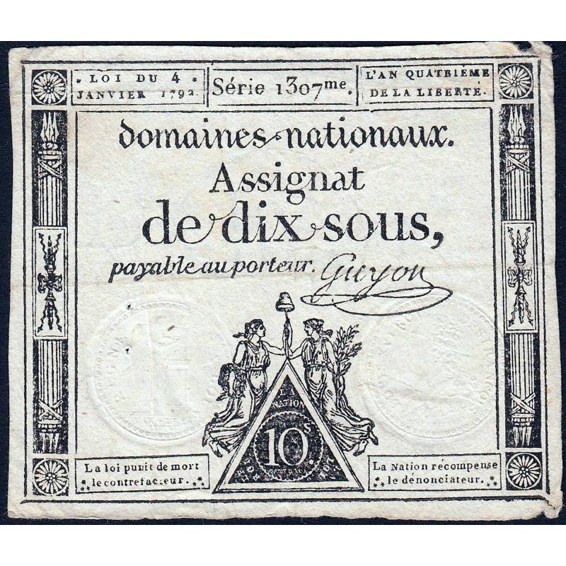 Assignat 23a - 10 sous - 4 janvier 1792 - Série 1307 - Etat : TTB-