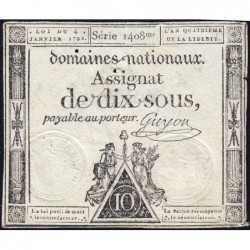 Assignat 23a - 10 sous - 4 janvier 1792 - Série 1408 - Etat : TB+