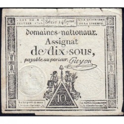 Assignat 23a - 10 sous - 4 janvier 1792 - Série 1467 - Etat : TTB